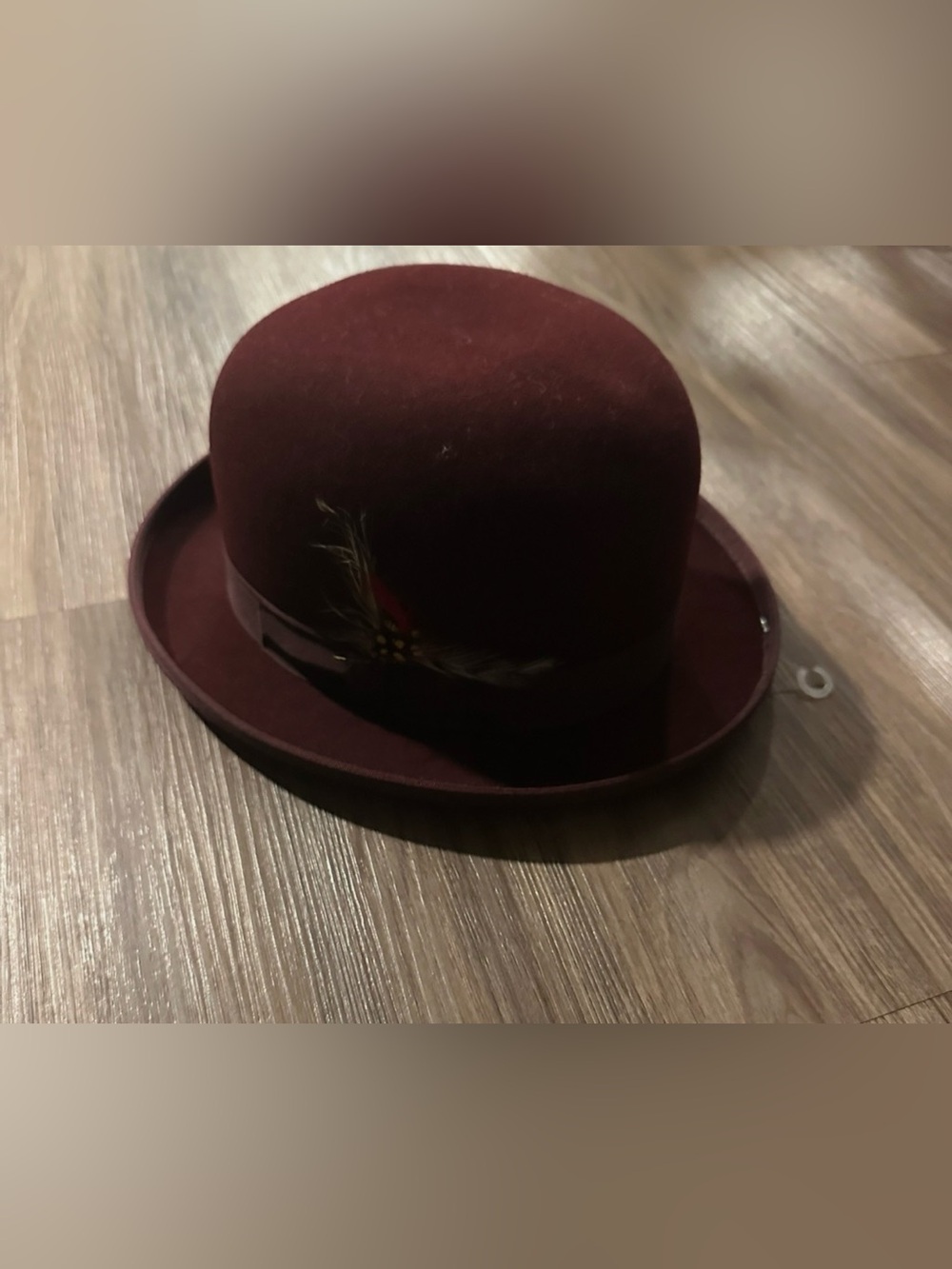 Golden gate hat co. Burgundy Wool  Bowler with Feather Trim. 100% wool.
